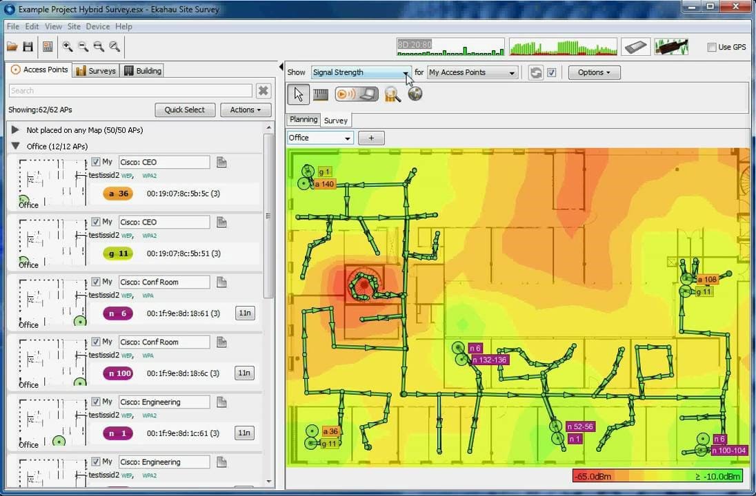 Результаты радиоисследования в программе Ekahau Site Survey.